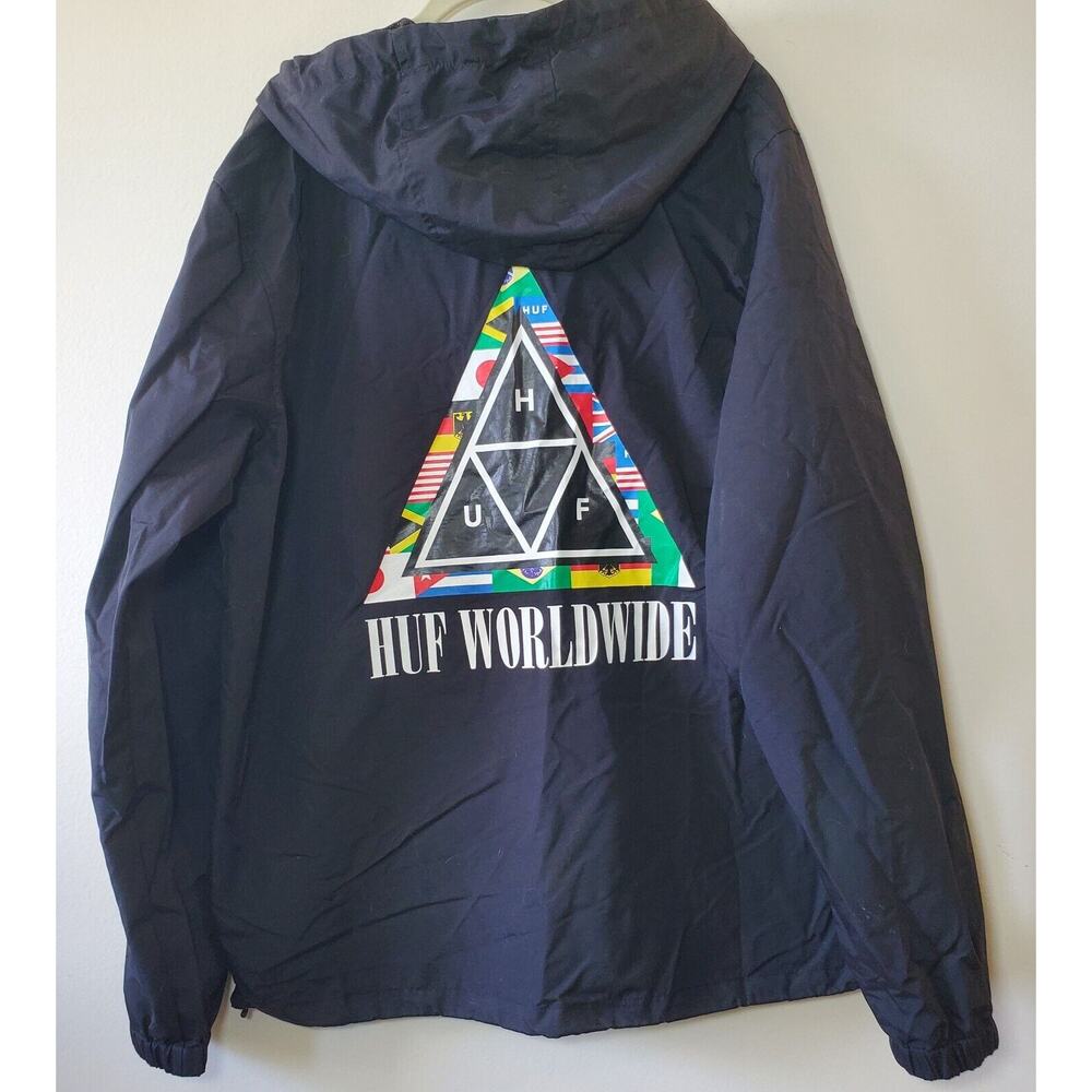 Huf Mens L Worldwide Flags Windbreaker Nylon Anorak Jacket Surf Skate Sail